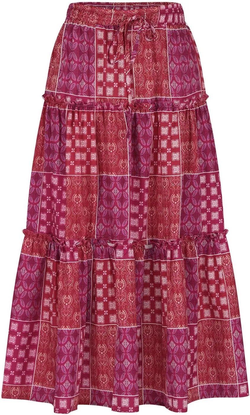 Women Retro Boho Print Swing Skirt, Tiered Ruffle Smocked Casual Skirts Elastic High Waist Drawstring Trendy Clothes
