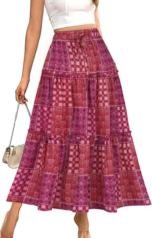 Women Retro Boho Print Swing Skirt, Tiered Ruffle Smocked Casual Skirts Elastic High Waist Drawstring Trendy Clothes