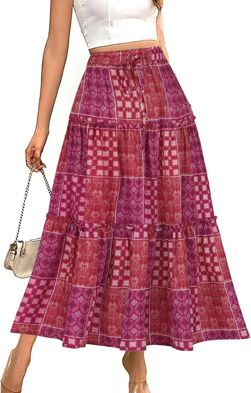 Women Retro Boho Print Swing Skirt, Tiered Ruffle Smocked Casual Skirts Elastic High Waist Drawstring Trendy Clothes