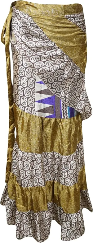 Women Ruffle Wrap Skirt, Tiered Maxi Wrap Skirts, Beige Brown Paisley Printed Beach Skirt, One Size