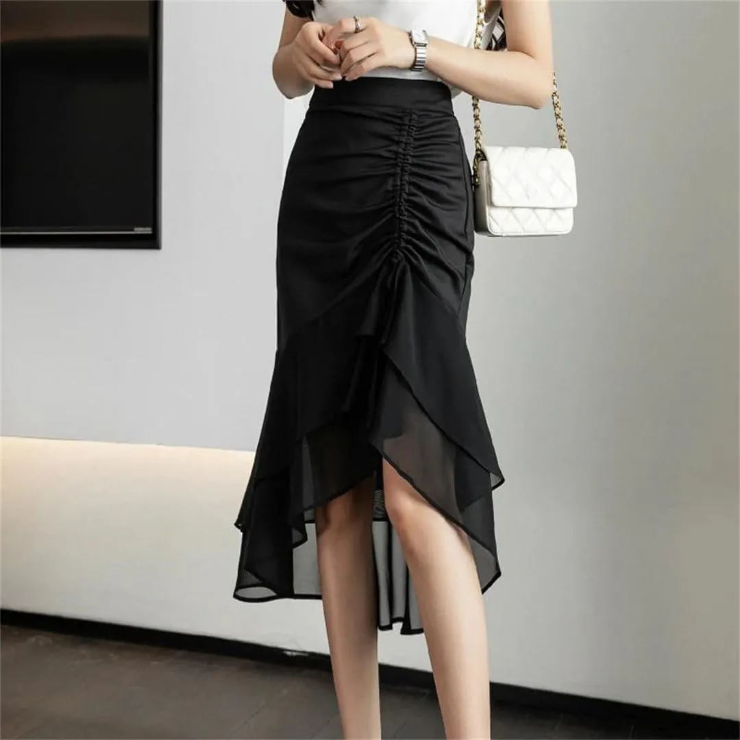 Women Solid Color Wrap Skirts High Waist Office Sheath Pencil Straight Midi Skirt