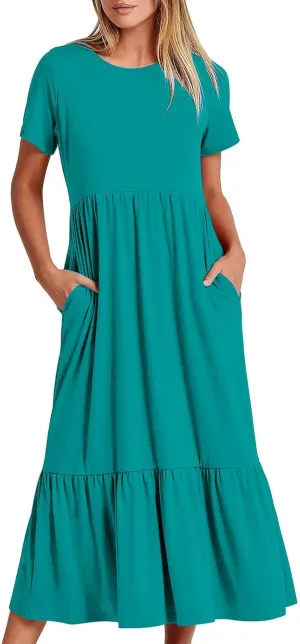 Women Summer Casual Maxi Dress Short Sleeve Crewneck A-line Dress Swing Ruffle Tiered Beach Sundress with Pockets
