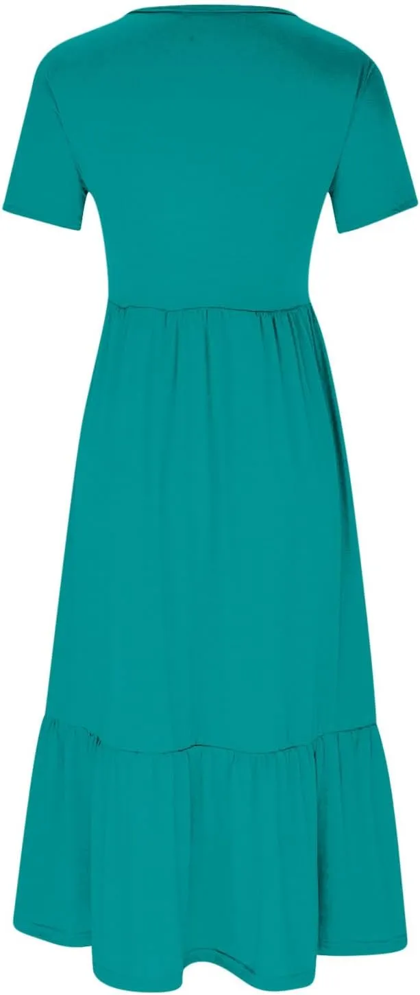 Women Summer Casual Maxi Dress Short Sleeve Crewneck A-line Dress Swing Ruffle Tiered Beach Sundress with Pockets