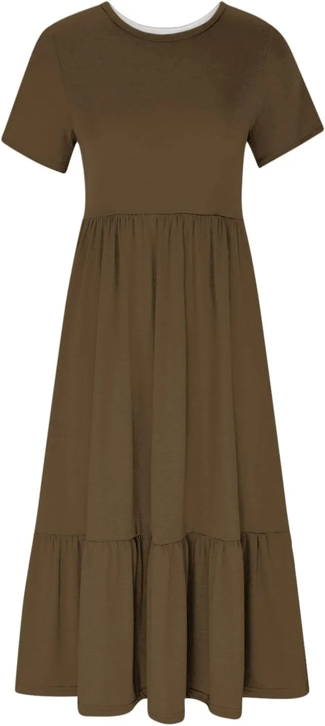 Women Summer Casual Maxi Dress Short Sleeve Crewneck A-line Dress Swing Ruffle Tiered Beach Sundress with Pockets
