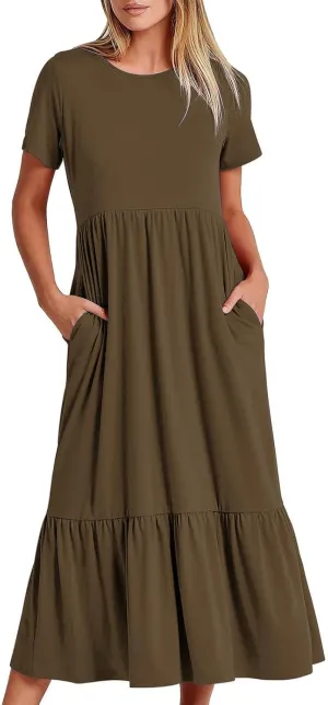 Women Summer Casual Maxi Dress Short Sleeve Crewneck A-line Dress Swing Ruffle Tiered Beach Sundress with Pockets