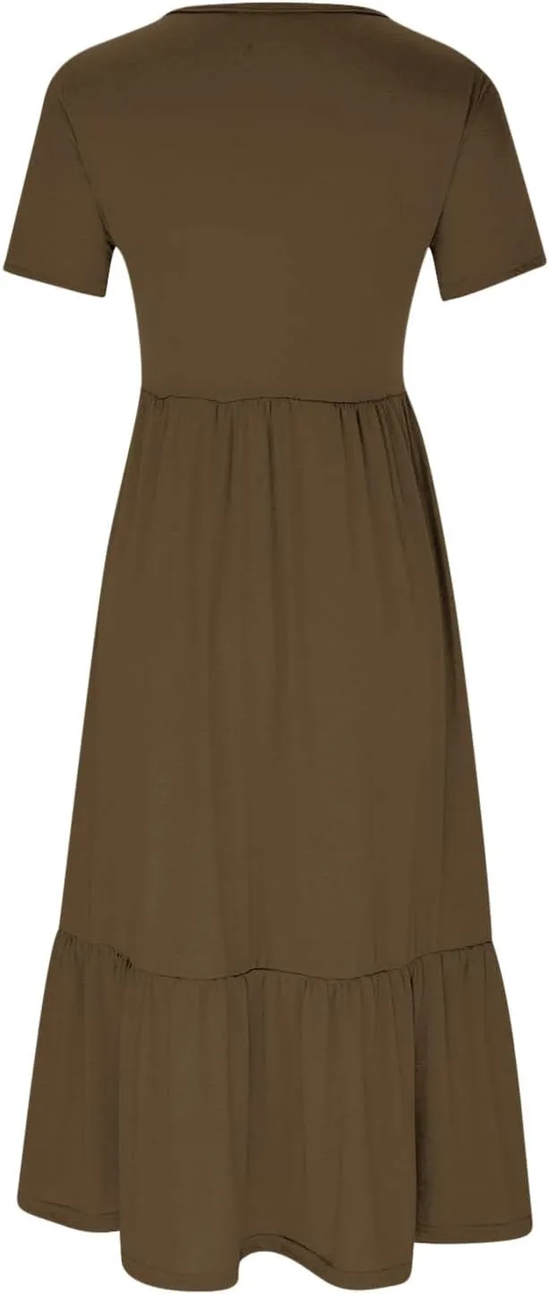 Women Summer Casual Maxi Dress Short Sleeve Crewneck A-line Dress Swing Ruffle Tiered Beach Sundress with Pockets