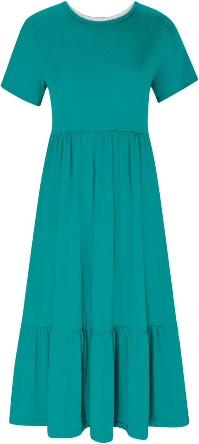Women Summer Casual Maxi Dress Short Sleeve Crewneck A-line Dress Swing Ruffle Tiered Beach Sundress with Pockets