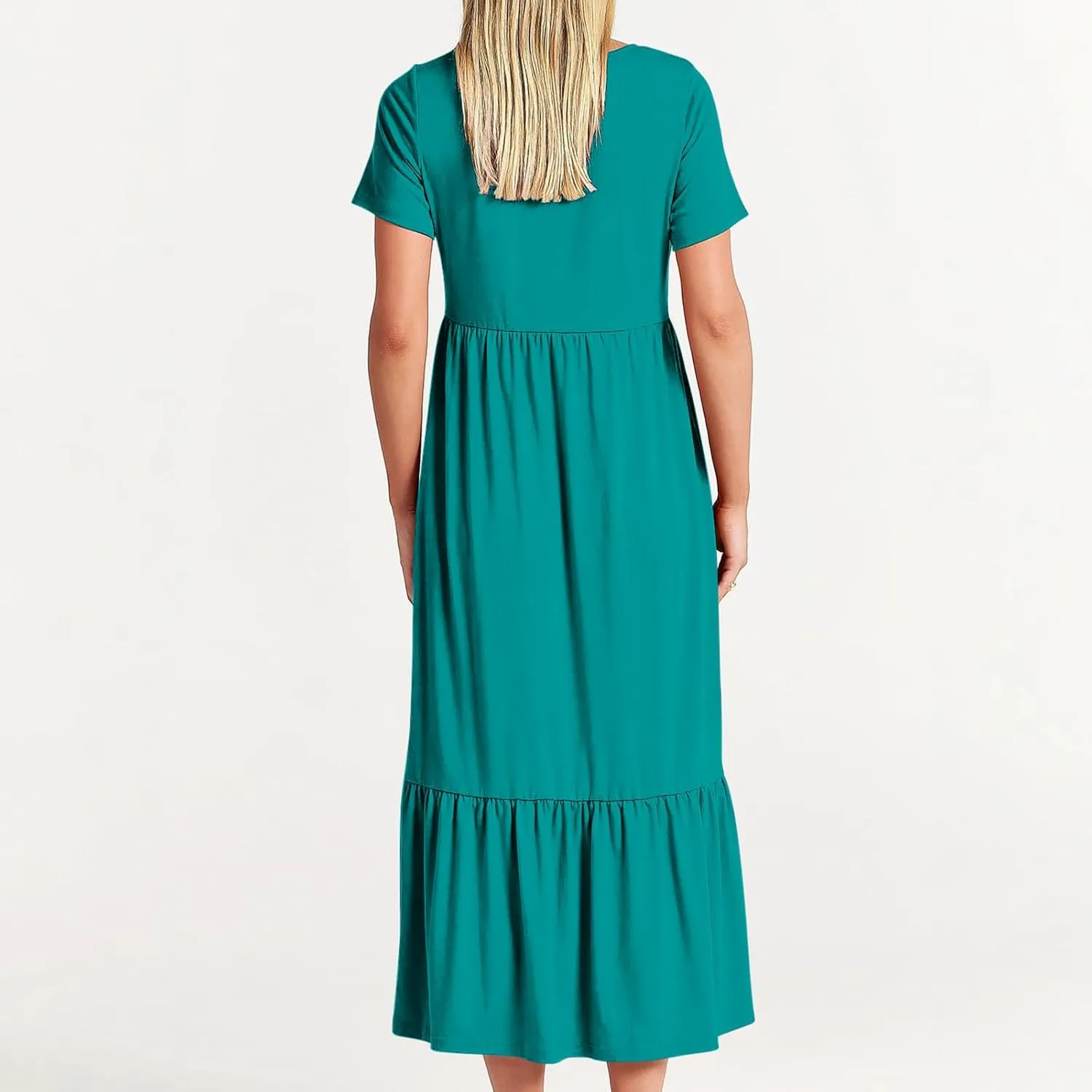 Women Summer Casual Maxi Dress Short Sleeve Crewneck A-line Dress Swing Ruffle Tiered Beach Sundress with Pockets