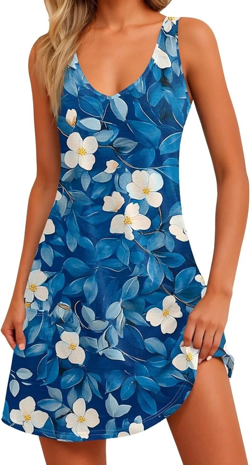 Women Summer Dresses 2025 Vacation Swimsuit Coverup Casual Sleeveless Sundress V Neck Beach Dress with Pocket
