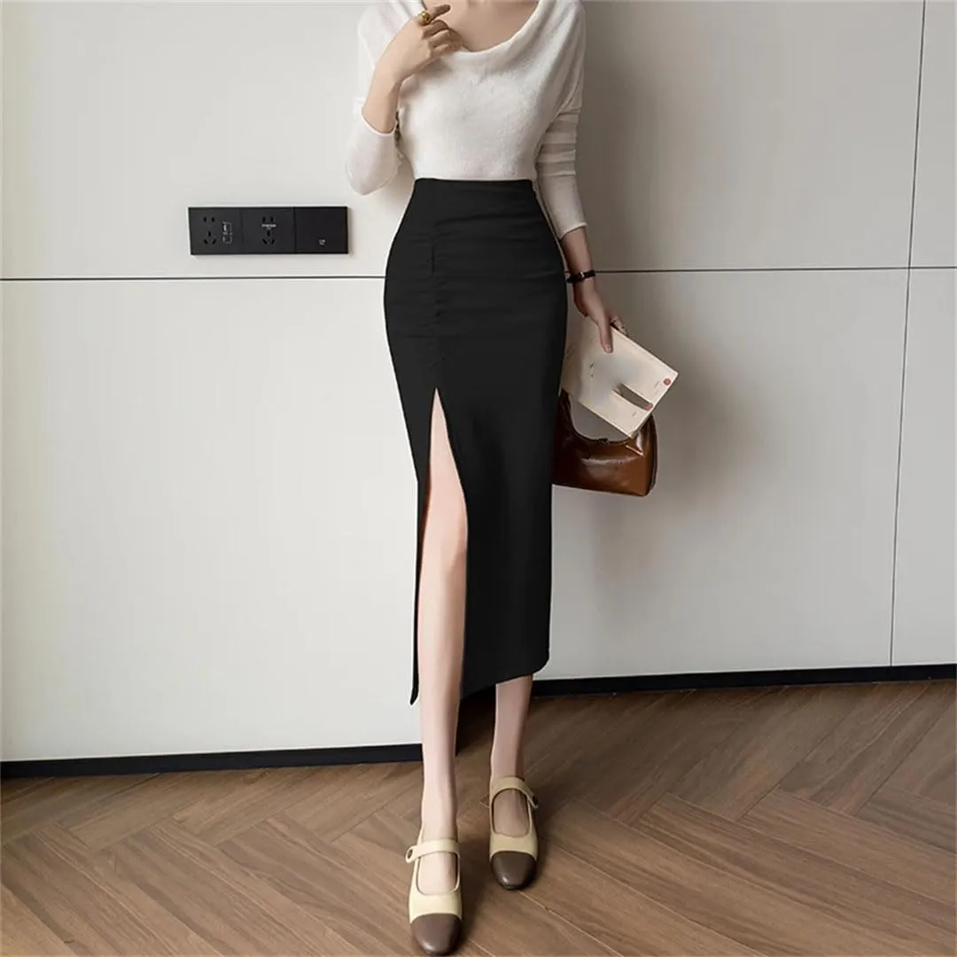 Women Summer Front Split Sheath Wrap Skirts Sexy Solid High Waist Office Pencil Midi Skirts
