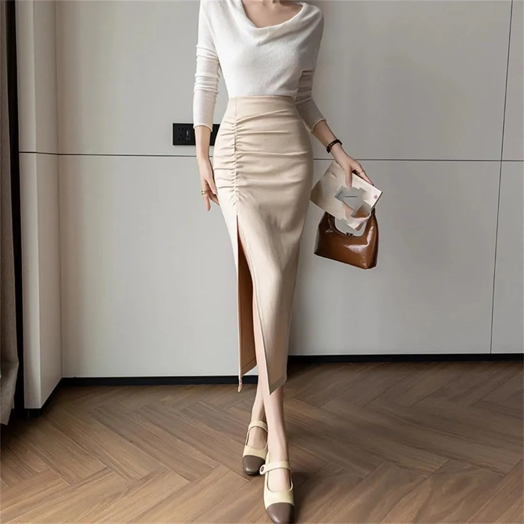 Women Summer Front Split Sheath Wrap Skirts Sexy Solid High Waist Office Pencil Midi Skirts
