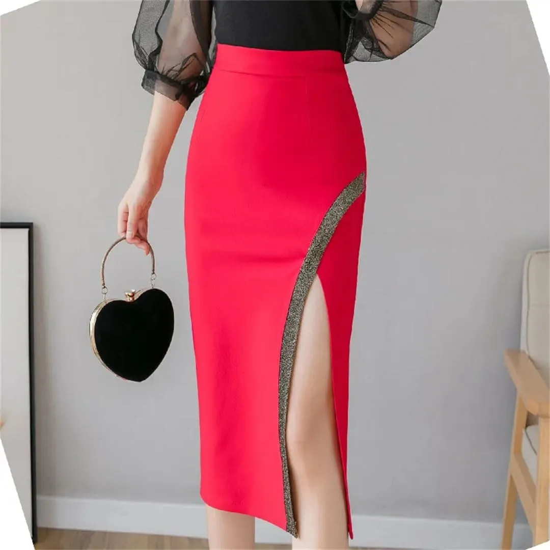 Women Summer Sheath Wrap Skirts Side Split High Waist Patchwork Office Lady Pencil Midi Skirts