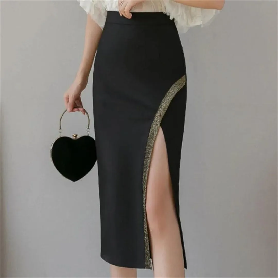Women Summer Sheath Wrap Skirts Side Split High Waist Patchwork Office Lady Pencil Midi Skirts