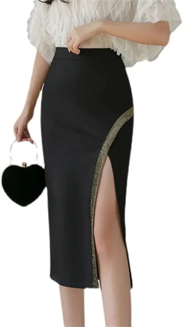 Women Summer Sheath Wrap Skirts Side Split High Waist Patchwork Office Lady Pencil Midi Skirts