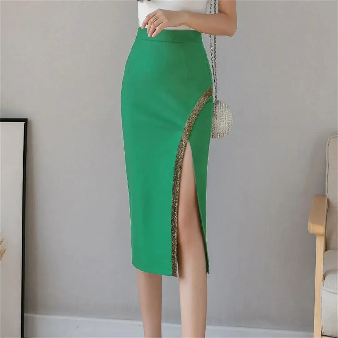 Women Summer Sheath Wrap Skirts Side Split High Waist Patchwork Office Lady Pencil Midi Skirts