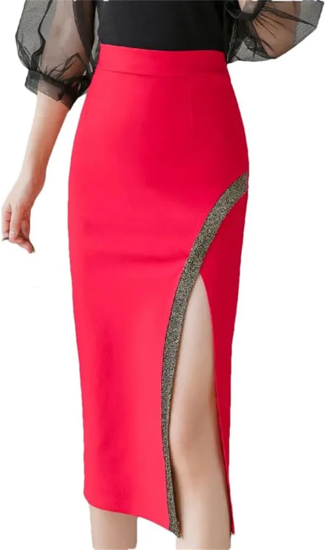 Women Summer Sheath Wrap Skirts Side Split High Waist Patchwork Office Lady Pencil Midi Skirts