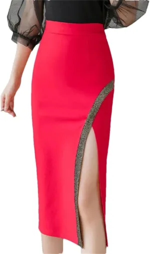 Women Summer Sheath Wrap Skirts Side Split High Waist Patchwork Office Lady Pencil Midi Skirts