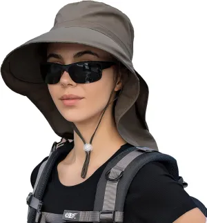 Women Sun Hats UV Protection Wide Brim Foldable Ponytail Hole Beach Hats with Neck Cover for Gardening