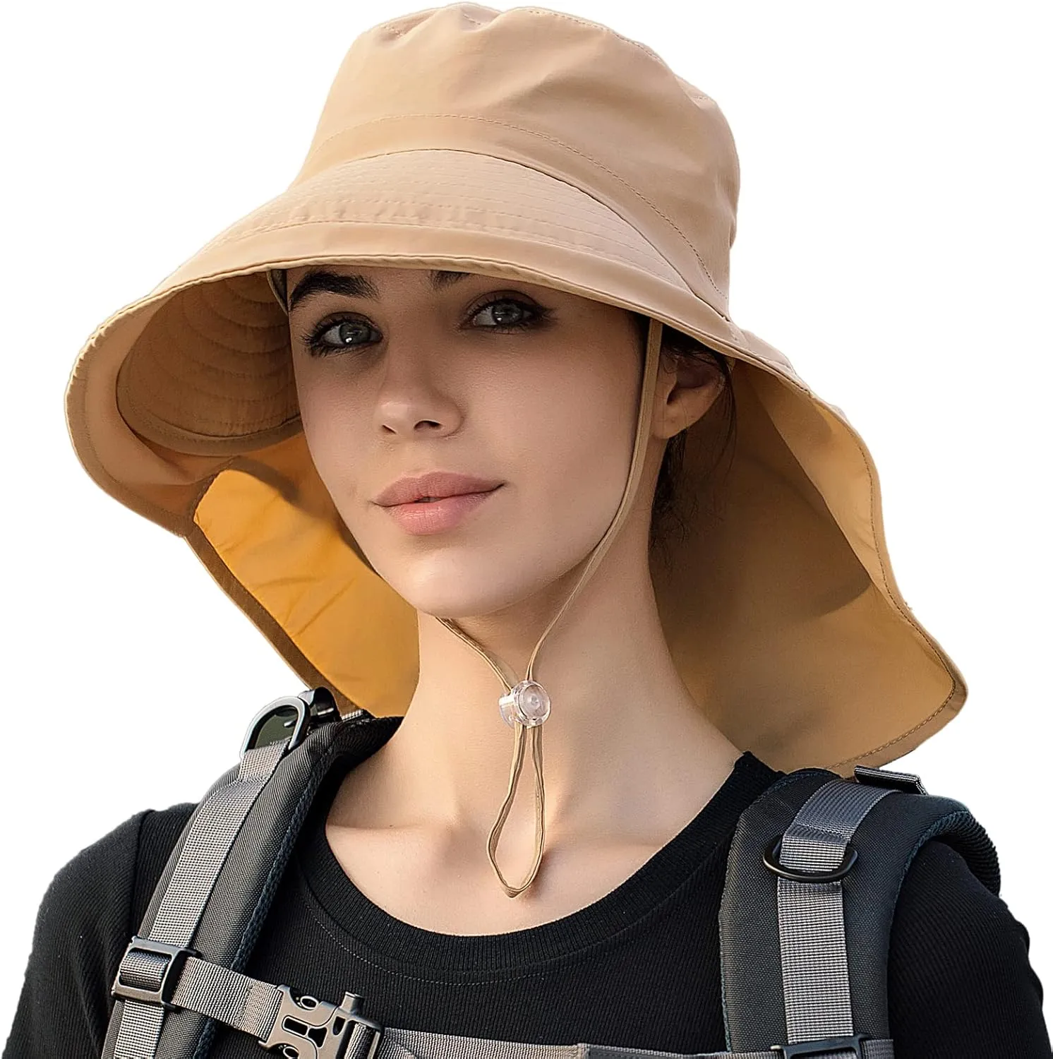 Women Sun Hats UV Protection Wide Brim Foldable Ponytail Hole Beach Hats with Neck Cover for Gardening
