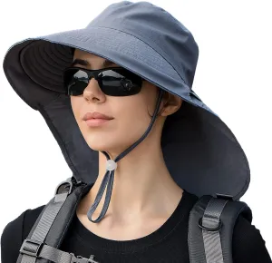 Women Sun Hats UV Protection Wide Brim Foldable Ponytail Hole Beach Hats with Neck Cover for Gardening