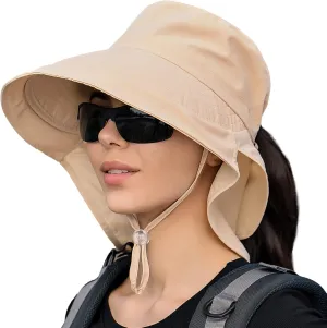 Women Sun Hats UV Protection Wide Brim Foldable Ponytail Hole Beach Hats with Neck Cover for Gardening