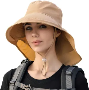 Women Sun Hats UV Protection Wide Brim Foldable Ponytail Hole Beach Hats with Neck Cover for Gardening