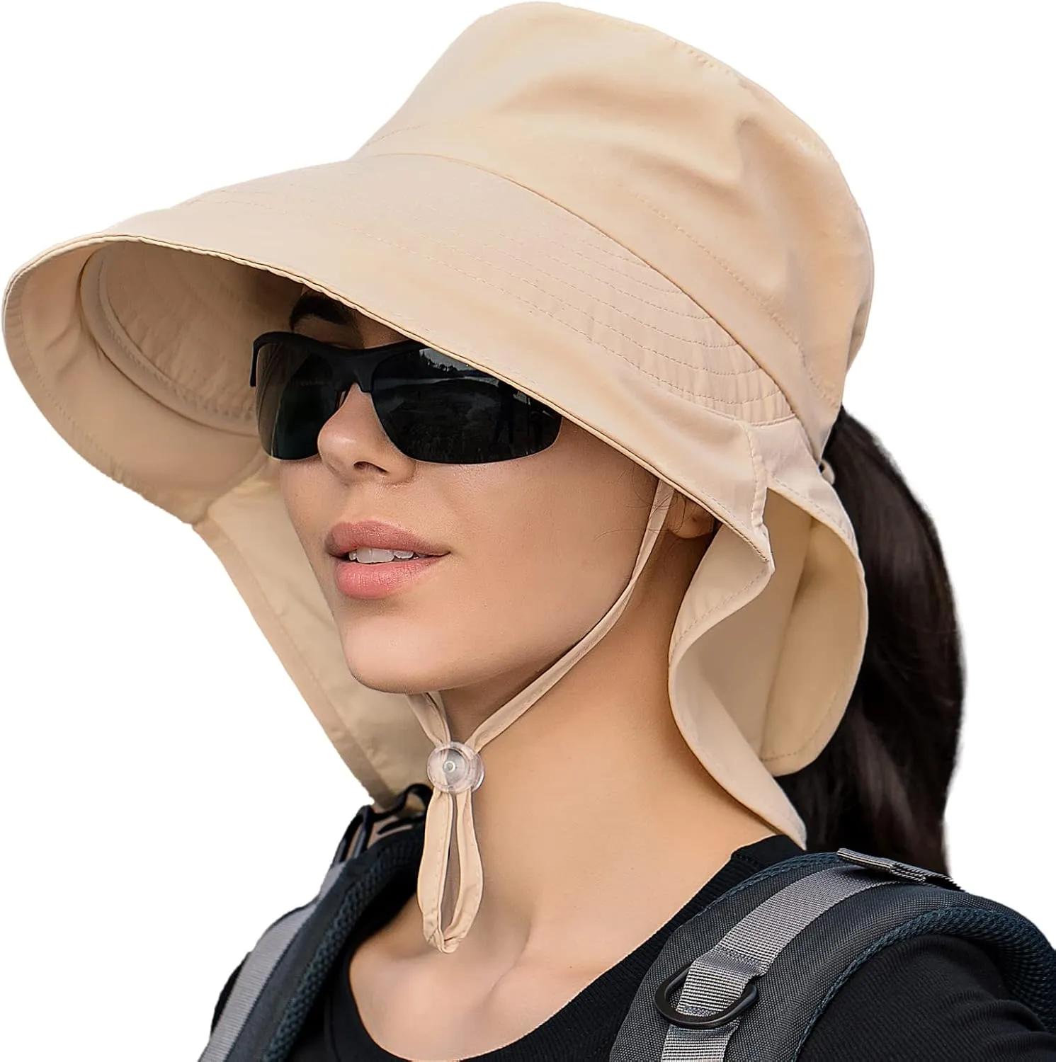 Women Sun Hats UV Protection Wide Brim Foldable Ponytail Hole Beach Hats with Neck Cover for Gardening