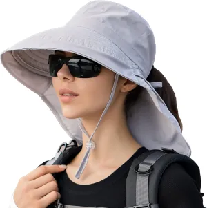 Women Sun Hats UV Protection Wide Brim Foldable Ponytail Hole Beach Hats with Neck Cover for Gardening