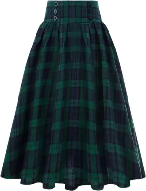 Women Vintage Casual Pockets High Waist Checked Pleated Skirts