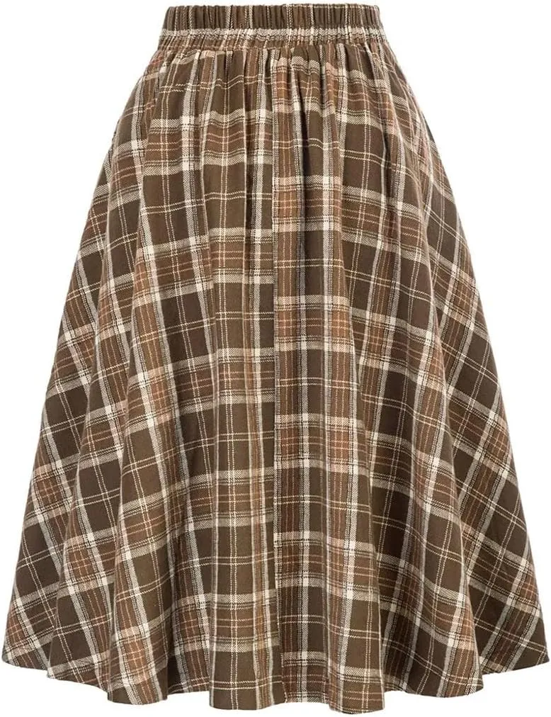 Women Vintage Casual Pockets High Waist Checked Pleated Skirts