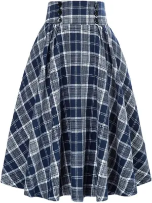 Women Vintage Casual Pockets High Waist Checked Pleated Skirts