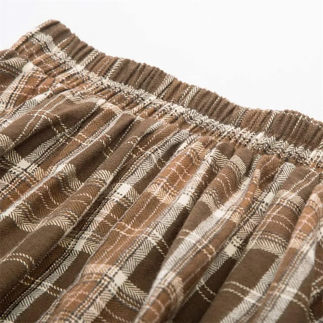 Women Vintage Casual Pockets High Waist Checked Pleated Skirts