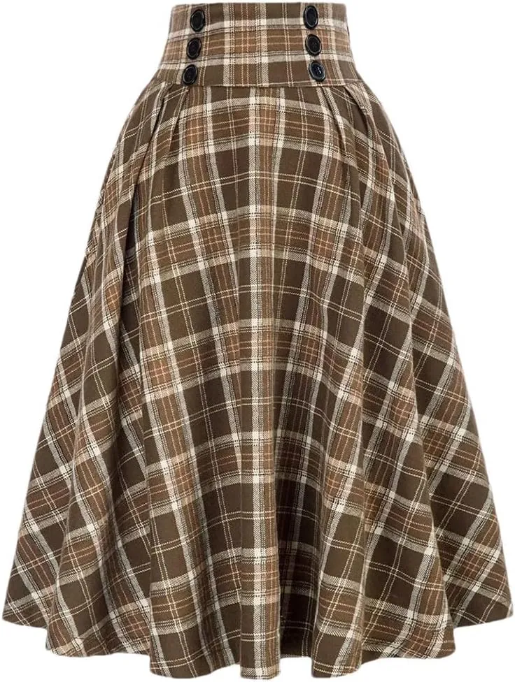 Women Vintage Casual Pockets High Waist Checked Pleated Skirts