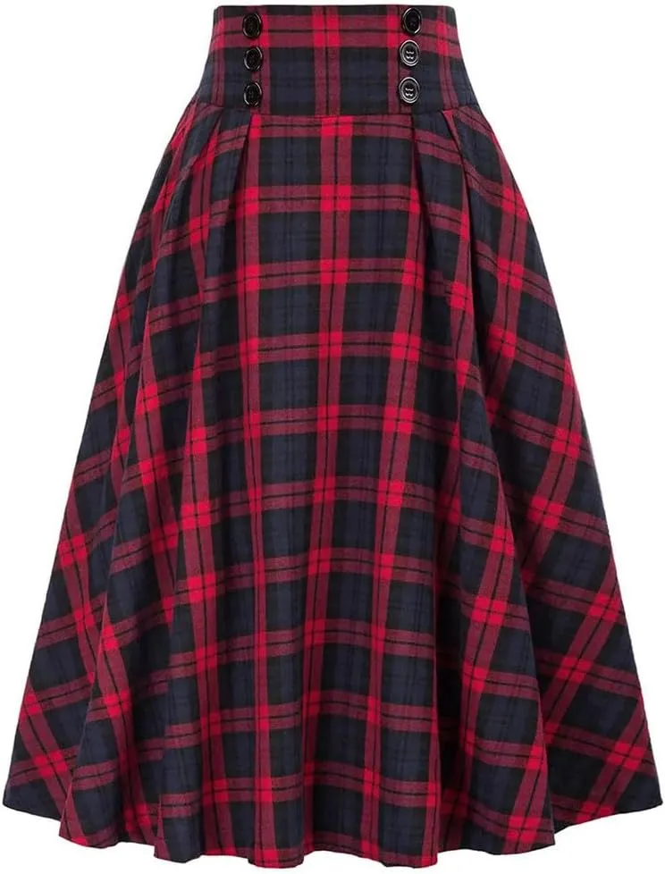 Women Vintage Casual Pockets High Waist Checked Pleated Skirts
