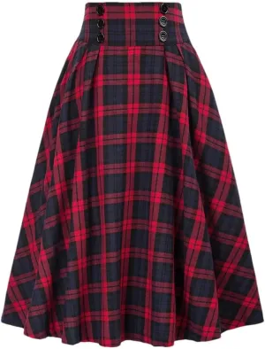 Women Vintage Casual Pockets High Waist Checked Pleated Skirts