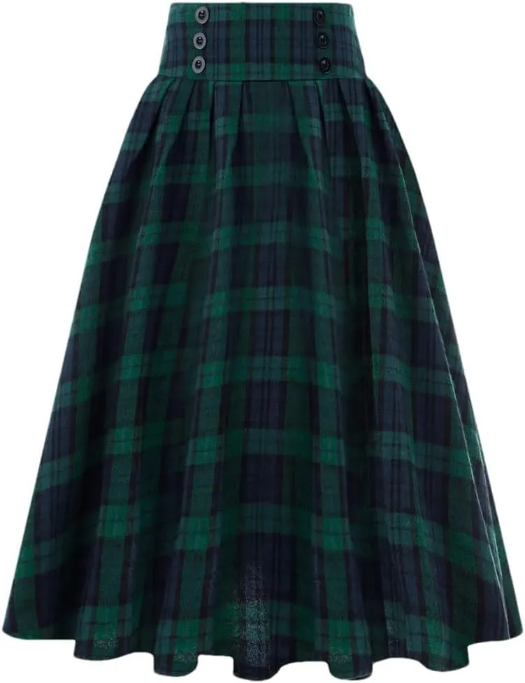 Women Vintage Casual Pockets High Waist Checked Pleated Skirts