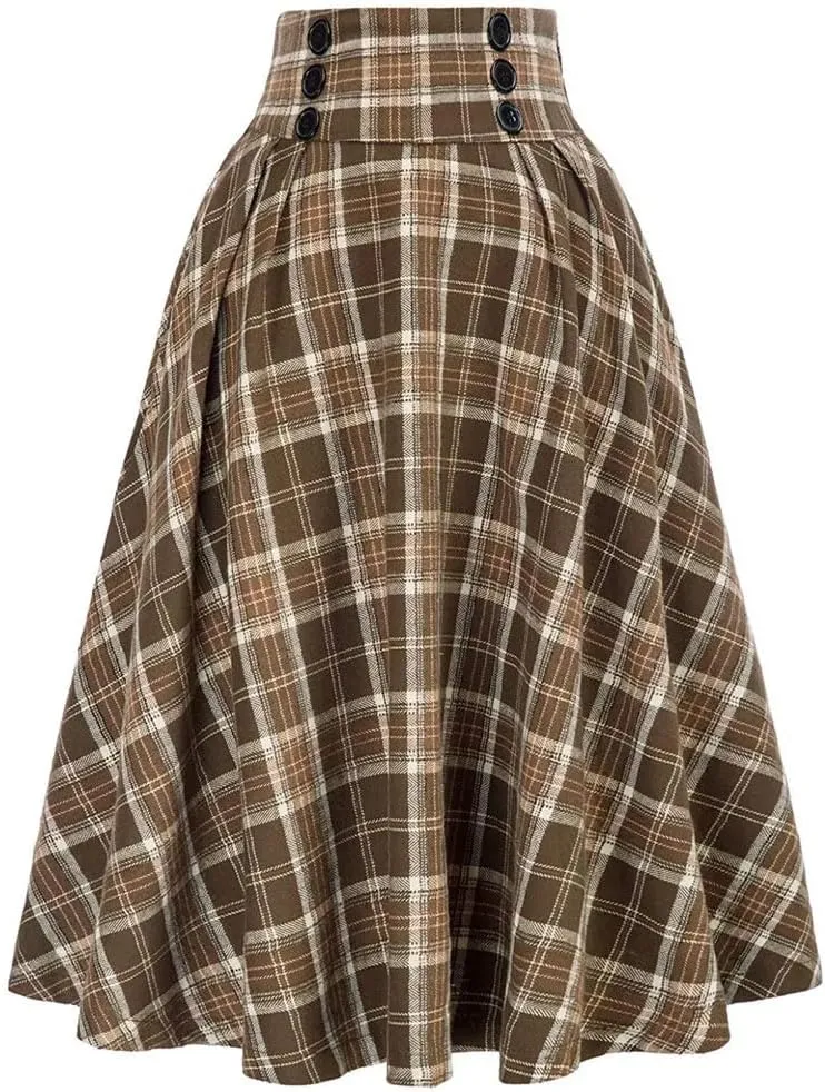Women Vintage Casual Pockets High Waist Checked Pleated Skirts