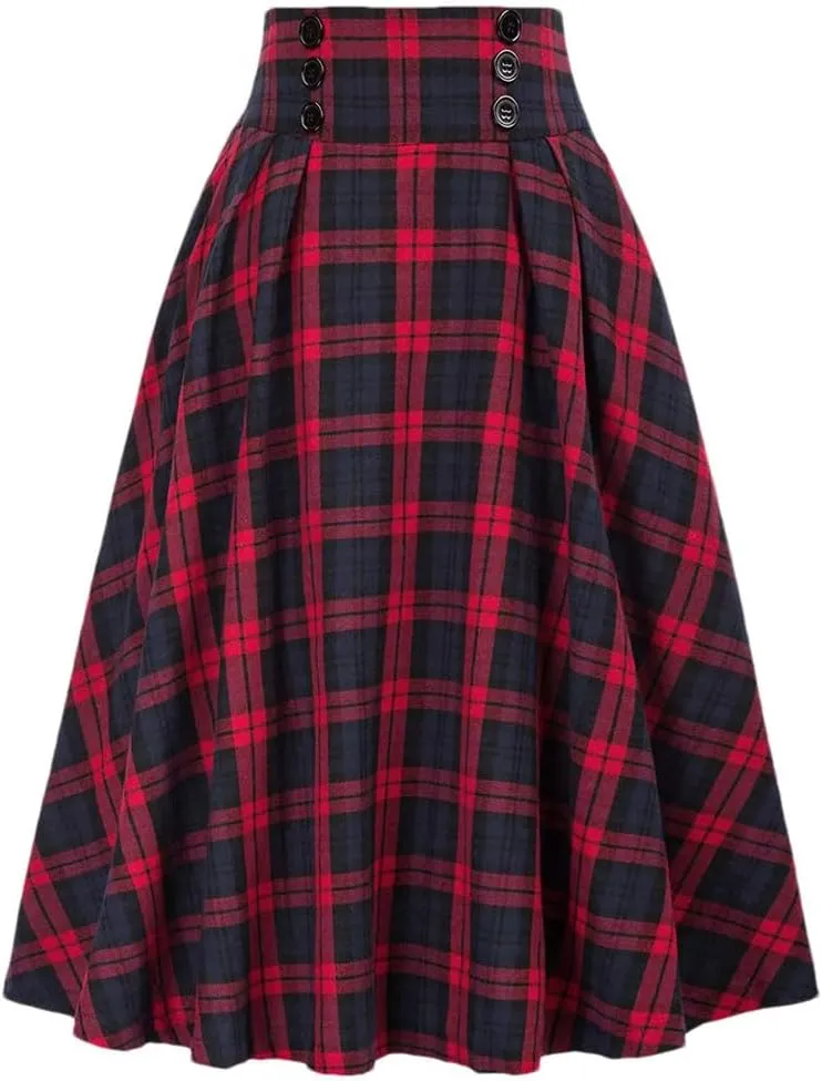 Women Vintage Casual Pockets High Waist Checked Pleated Skirts