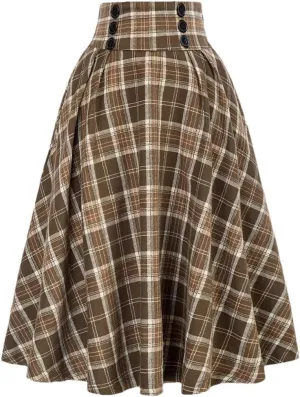 Women Vintage Casual Pockets High Waist Checked Pleated Skirts