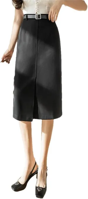 Women Vintage High Waist Midi Elegant Office Wear Wrap Skirts Solid Split Bodycon Pencil Skirt