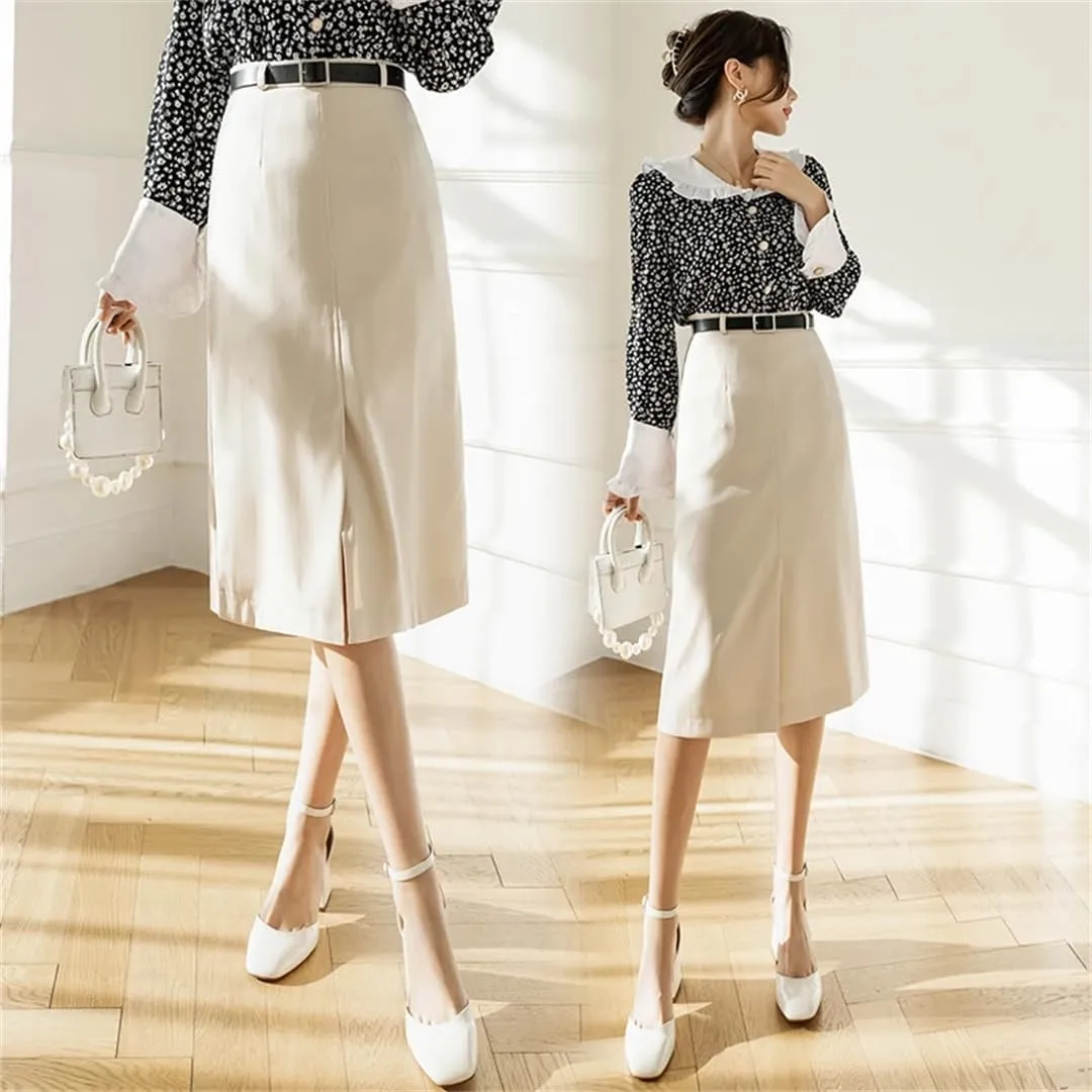 Women Vintage High Waist Midi Elegant Office Wear Wrap Skirts Solid Split Bodycon Pencil Skirt