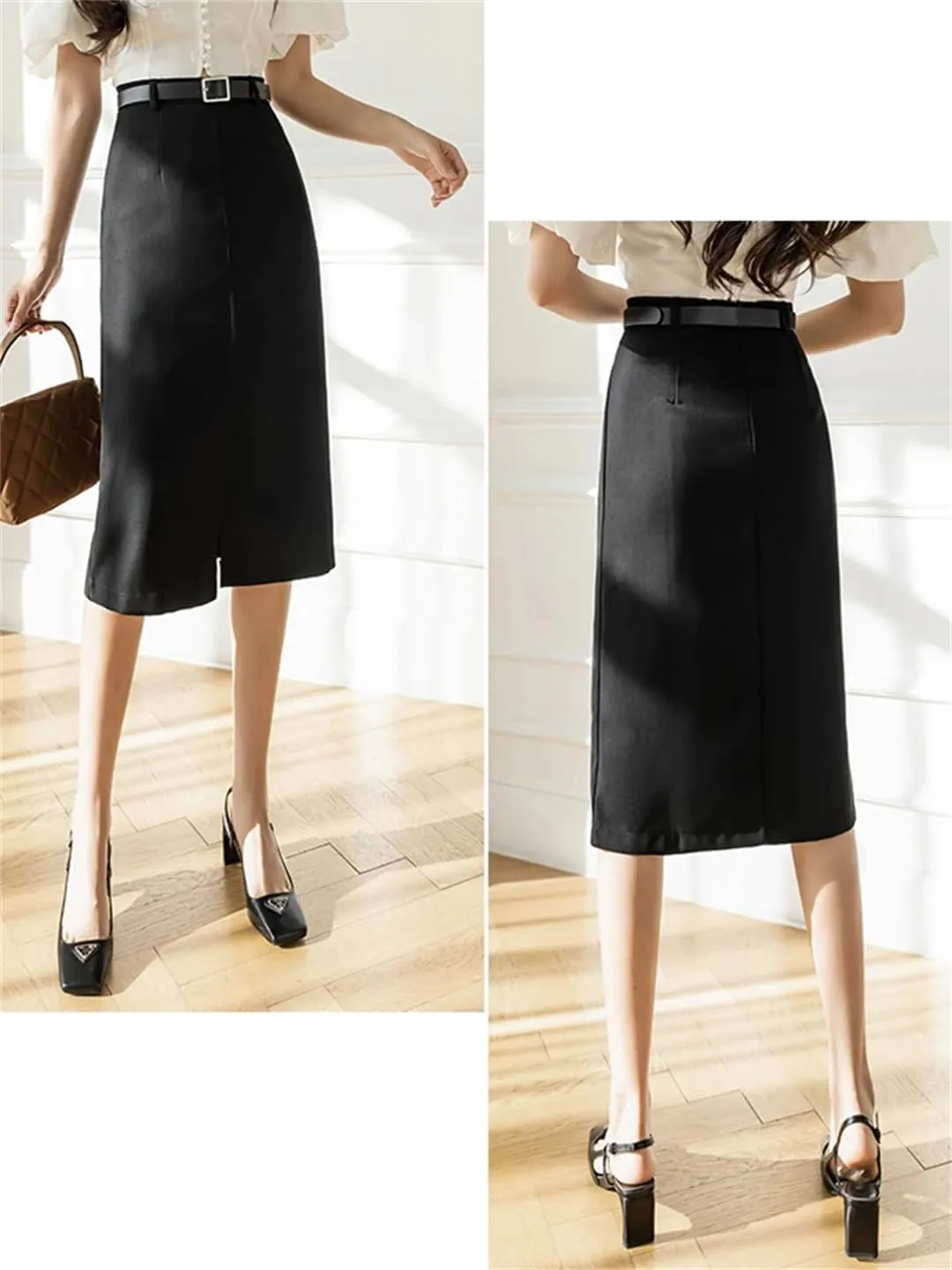 Women Vintage High Waist Midi Elegant Office Wear Wrap Skirts Solid Split Bodycon Pencil Skirt