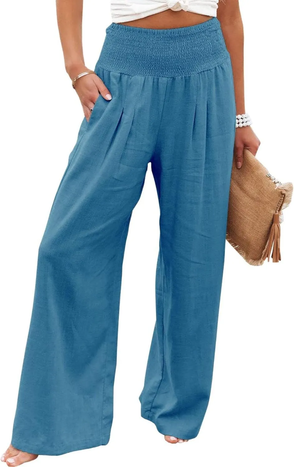 Women Wide Leg Linen Palazzo Pants Summer Flowy High Waisted Trousers with Pockets