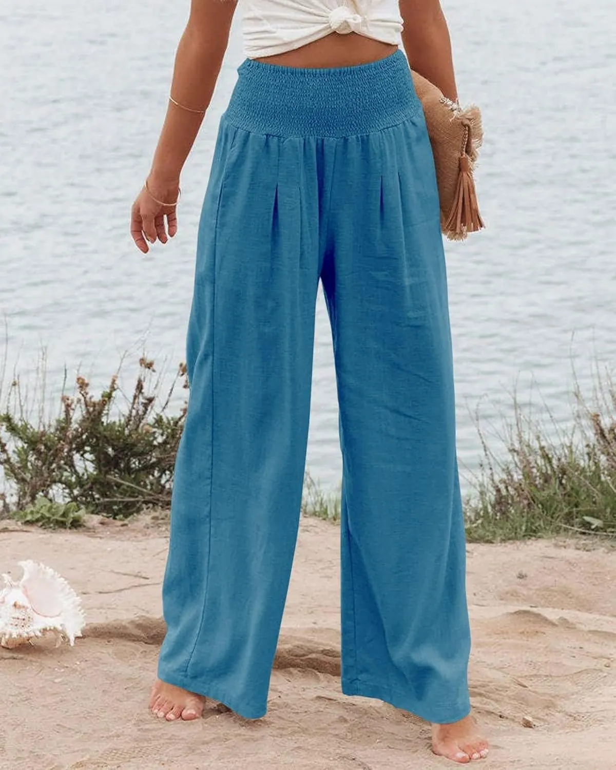 Women Wide Leg Linen Palazzo Pants Summer Flowy High Waisted Trousers with Pockets