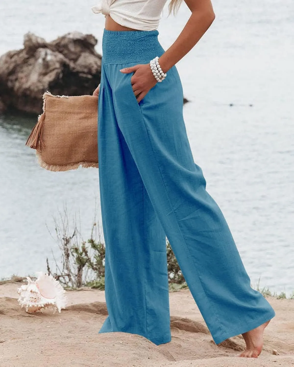 Women Wide Leg Linen Palazzo Pants Summer Flowy High Waisted Trousers with Pockets