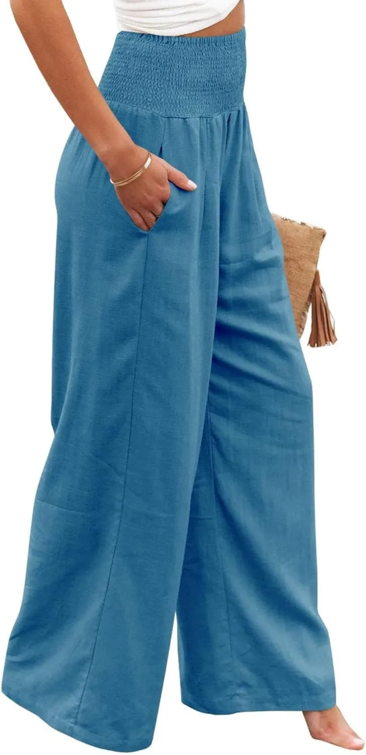 Women Wide Leg Linen Palazzo Pants Summer Flowy High Waisted Trousers with Pockets