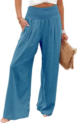 Women Wide Leg Linen Palazzo Pants Summer Flowy High Waisted Trousers with Pockets