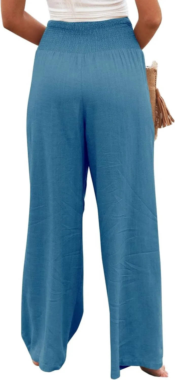Women Wide Leg Linen Palazzo Pants Summer Flowy High Waisted Trousers with Pockets