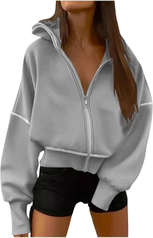 Women Y2K Cropped Hoodie Jackets Zip Up Drop Shoulder Long Sleeve Outwear Winter Casual Loose Fit Fleece Sweatshirt