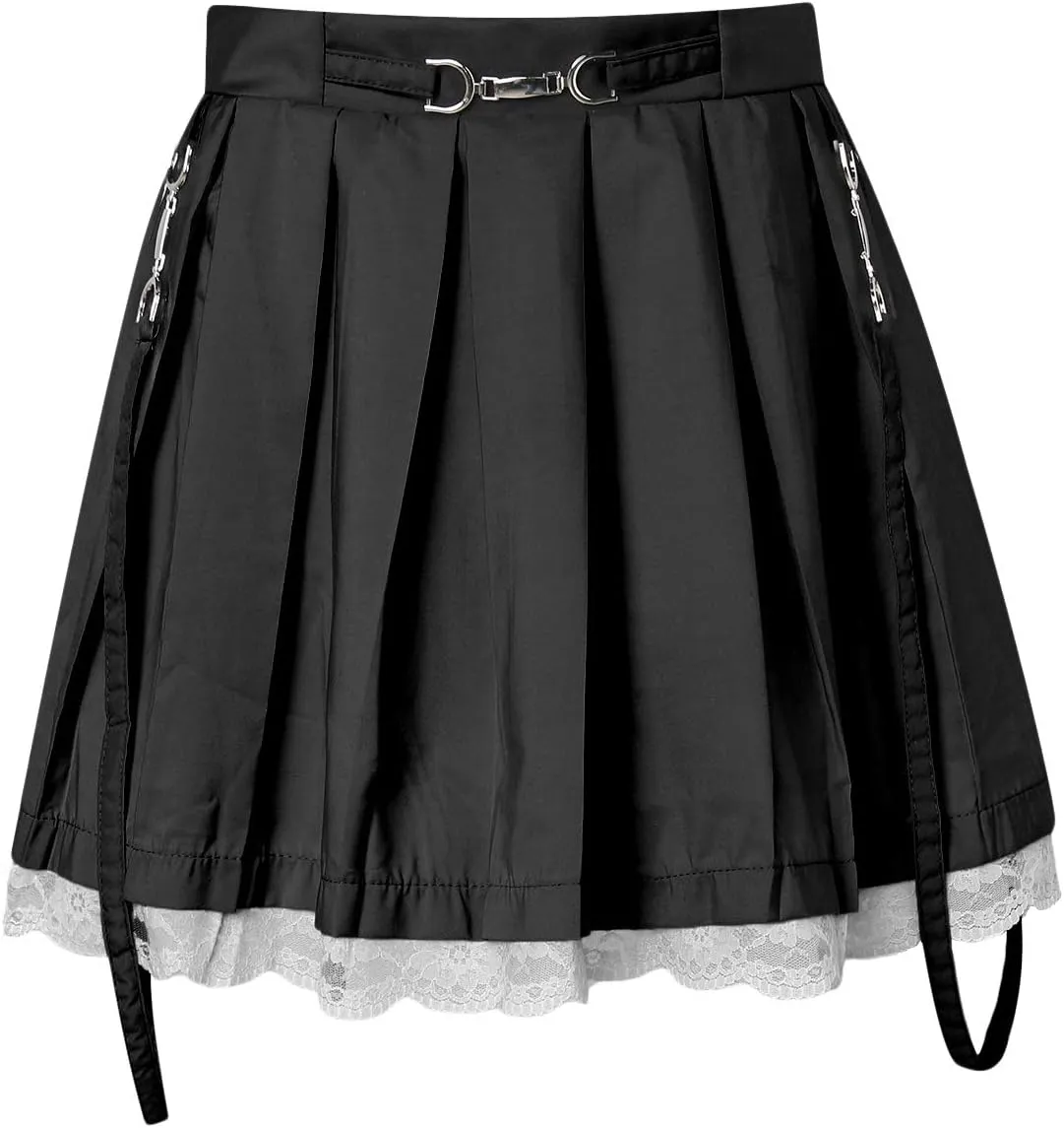 Women Y2k Lace Patchwork Mini Pleated Skirts High Waist Lace Trim Ruffle Short Skirts E-Girl Harajuku Goth Skirts